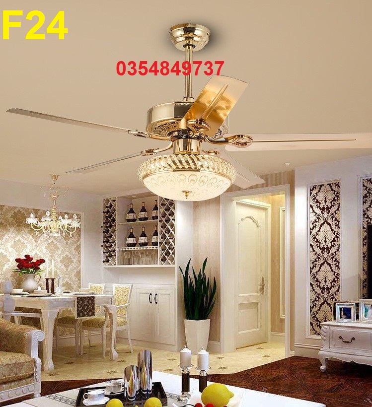 F24 [Thien Ca Shop] Quạt trần cánh thép không gỉ mạ vàng, đèn bầu thủy tinh - động cơ lõi đồng 100% - Hàng Cao Cấp