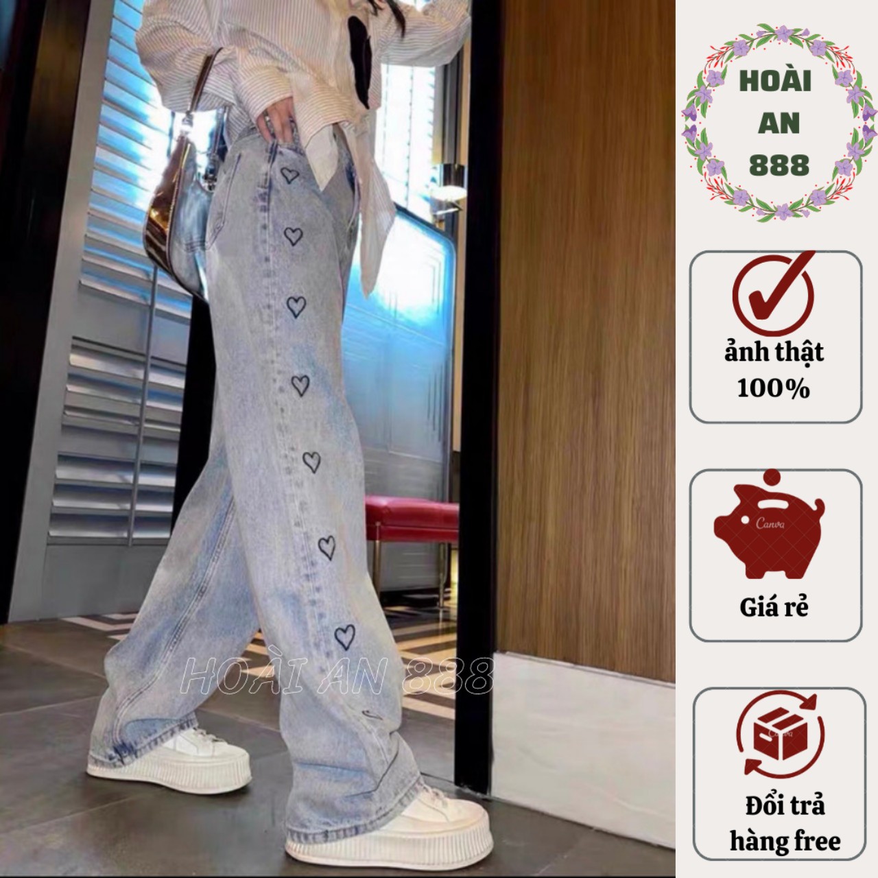 Quần bò nữ ống rộng hình trái tim siêu kute dễ thương, Quần jeans nữ cạp cao thời trang hàn quốc