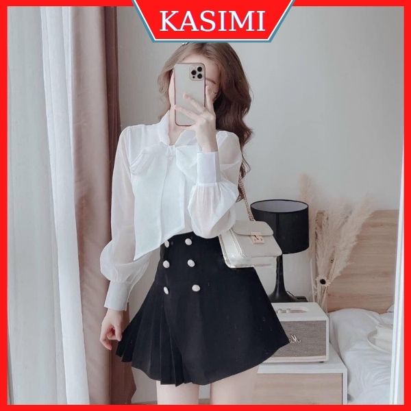 Áo sơ mi nữ quảng châu công sở trắng kiểu đẹp tay dài thắt nơ xinh xắn KASIMI - A534