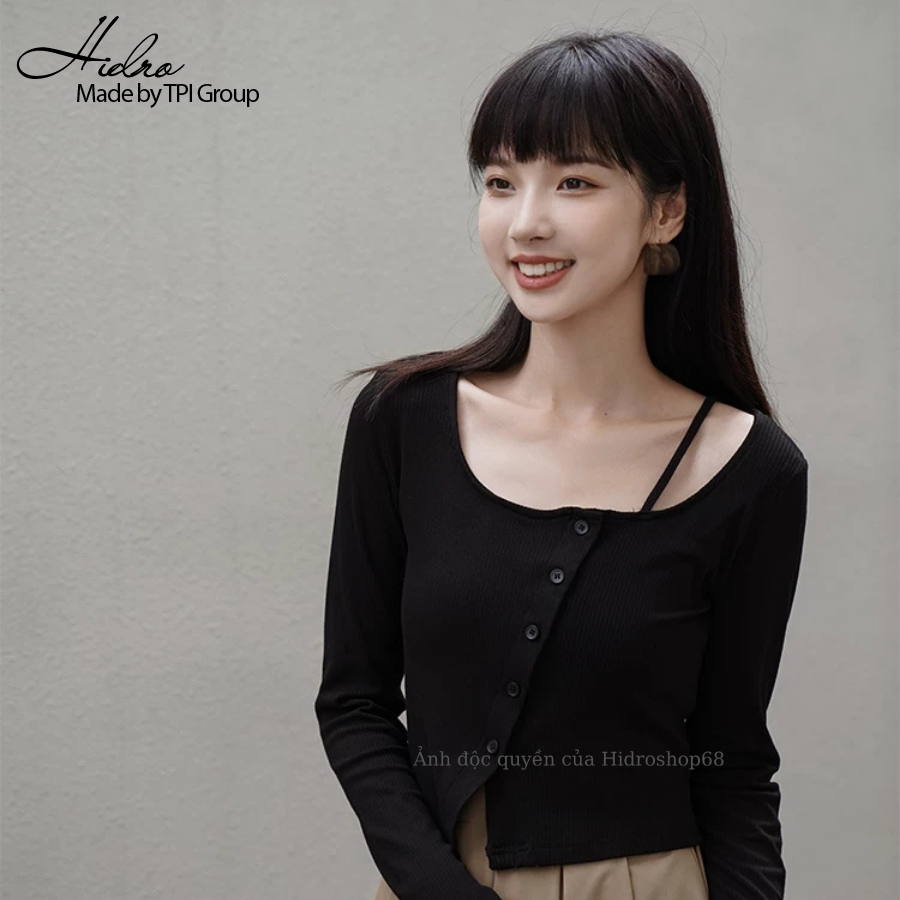Áo croptop dài tay vạt lệch cá tính chất cotton bozip nữ thời trang