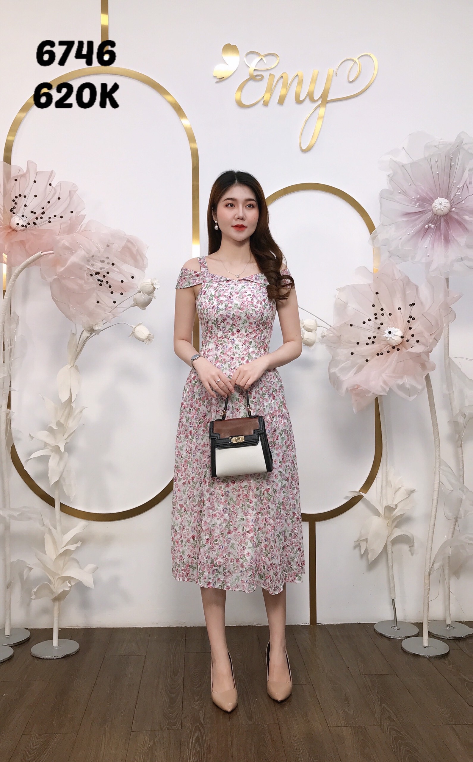 Đầm emy em6746 xoè midi rớt vai
