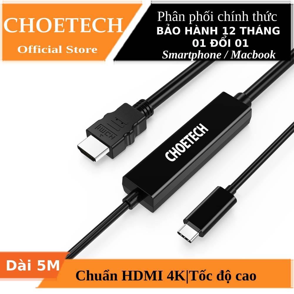 [HCM]Dây cáp chuyển đổi cổng PD Type-C ra cổng HDMI chuẩn phân giải 4K  dài 5m hiệu CHOETECH CH0050 cho điên thoại Macbook (Tốc độ ổn định 10Gbps / 60Hz Video chất lượng cao 4K) (Bảo hành 12 tháng 1 đổi 1) - Hàng chính hãng