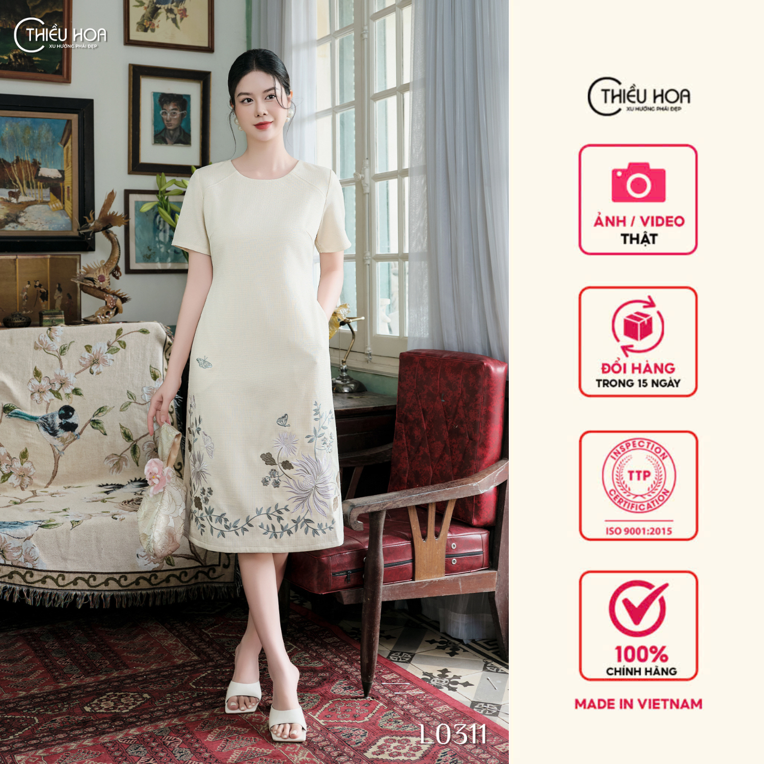  Đầm thiết kế sang trọng nữ trung niên chất liệu Vải Dệt dày dặn mềm mại DD4L0311 Thương hiệu Thiều Hoa 