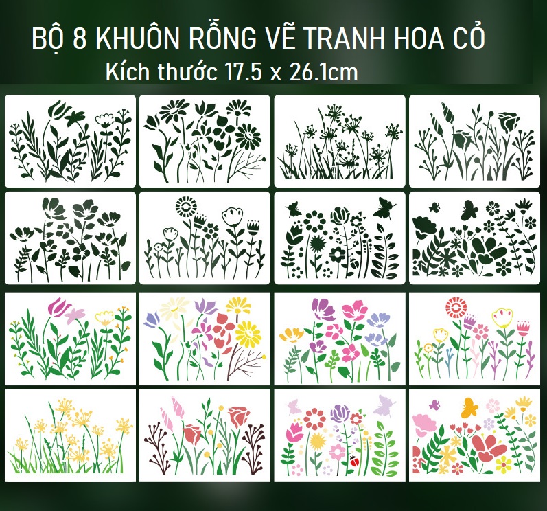 Set 8 khuôn rỗng mẫu vẽ tranh trang trí chủ đề hoa lá bằng nhựa dẻo 18 x 26cm,Stencils Spring Themed Plastic Drawing Templates Flowers