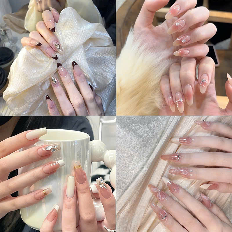 Set Nail box 24 móng tay giả trang trí sẵn đính đá - bộ móng giả 24 móng đính charm tặng kèm keo dán móng giá rẻ