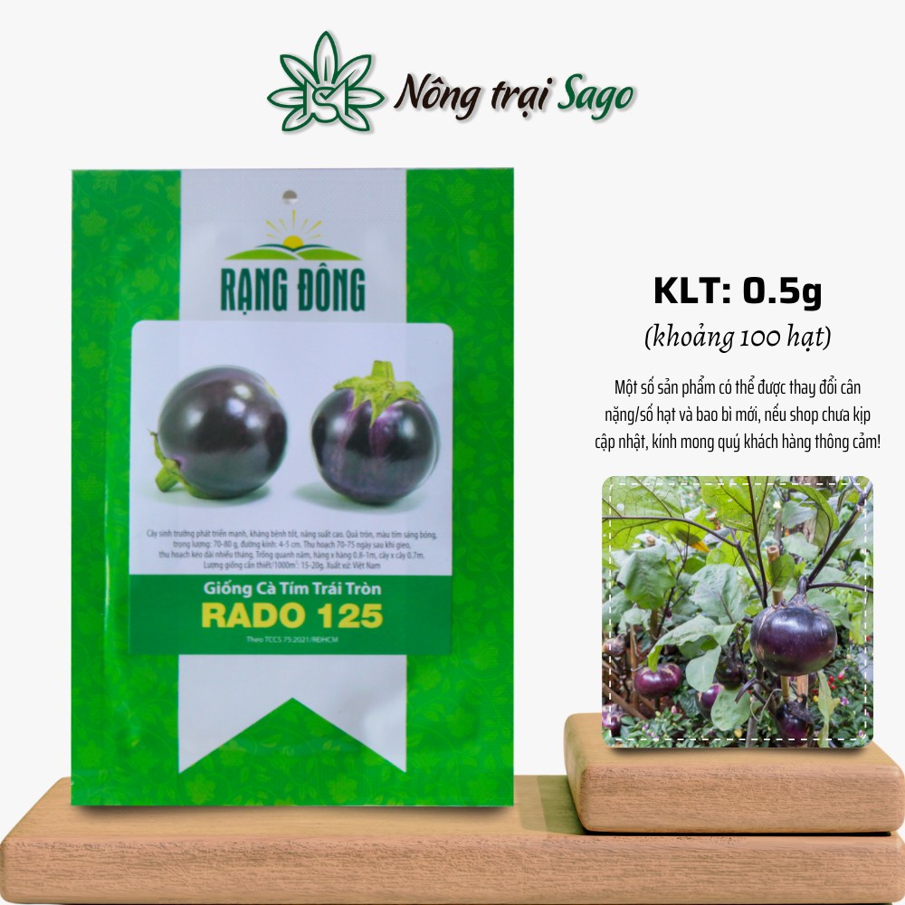 Hạt giống Cà Tím Trái Tròn Rado 125 (0,5g~100 hạt) nảy mầm tốt, dễ chăm sóc, trái sai, trồng quanh năm, hiệu Hạt giống Rạng Đông - Nông Trại Sago