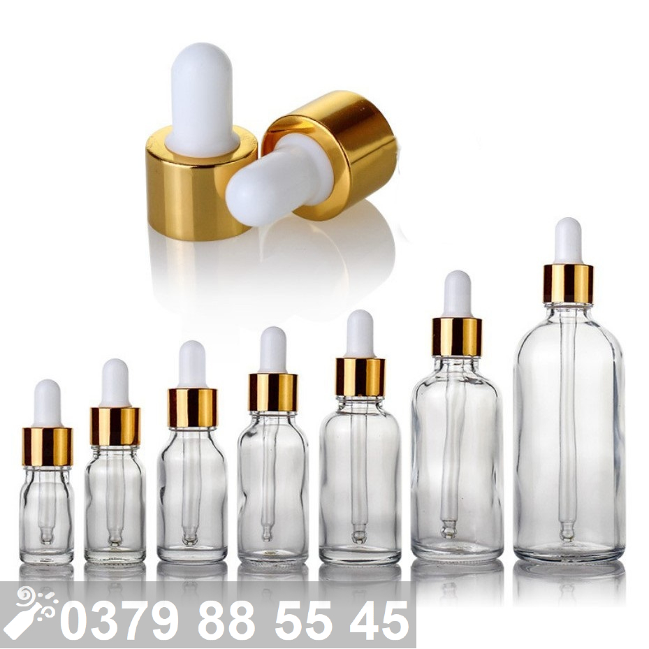 10 chai thủy tinh trong nắp bóp vàng 5ml 10ml 20ml 30ml 50ml 100ml- lọ đựng serum, tinh dầu, mỹ phẩm du lịch.
