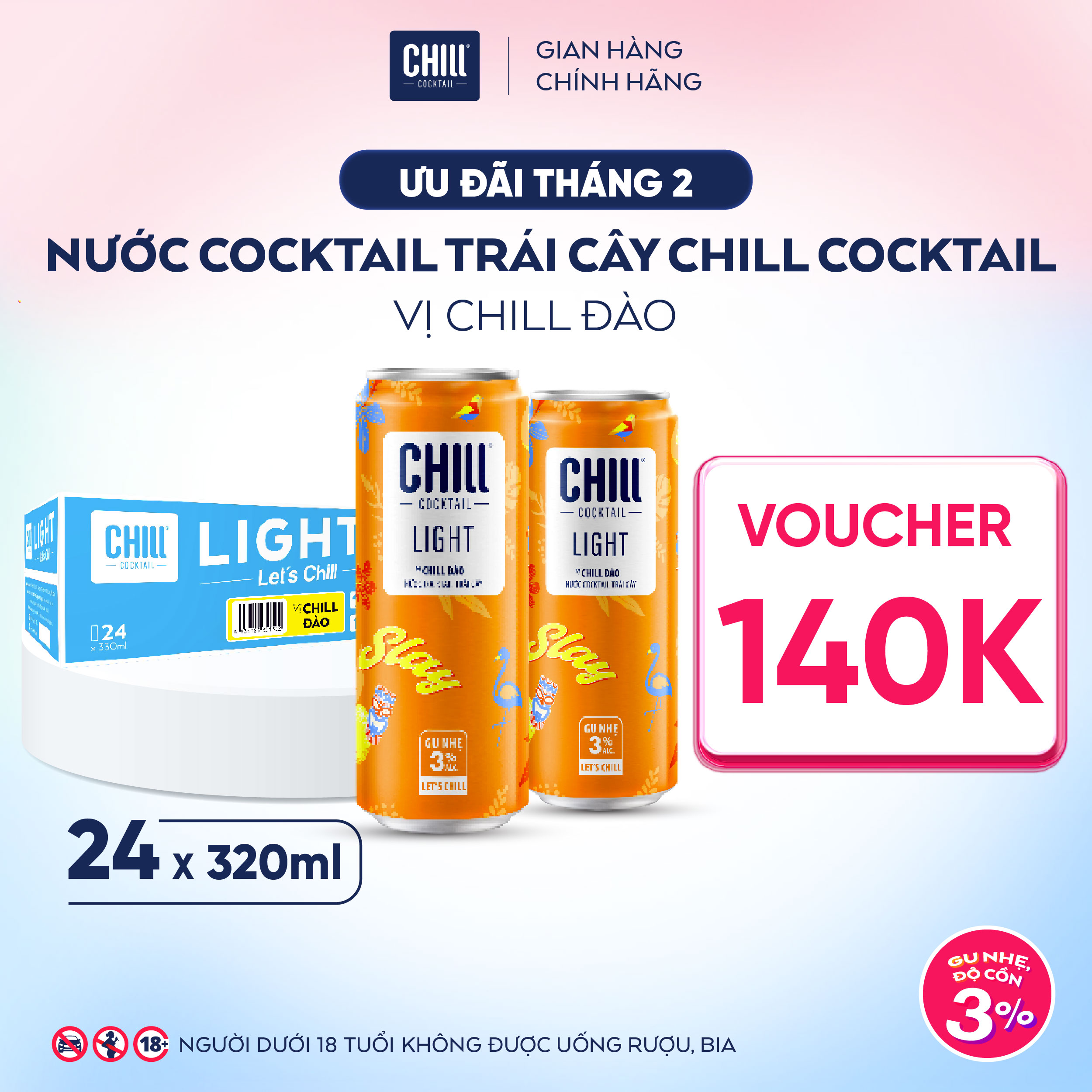 Thùng 24 lon Chill Cocktail vị Đào 330ml/lon (độ cồn 3%)