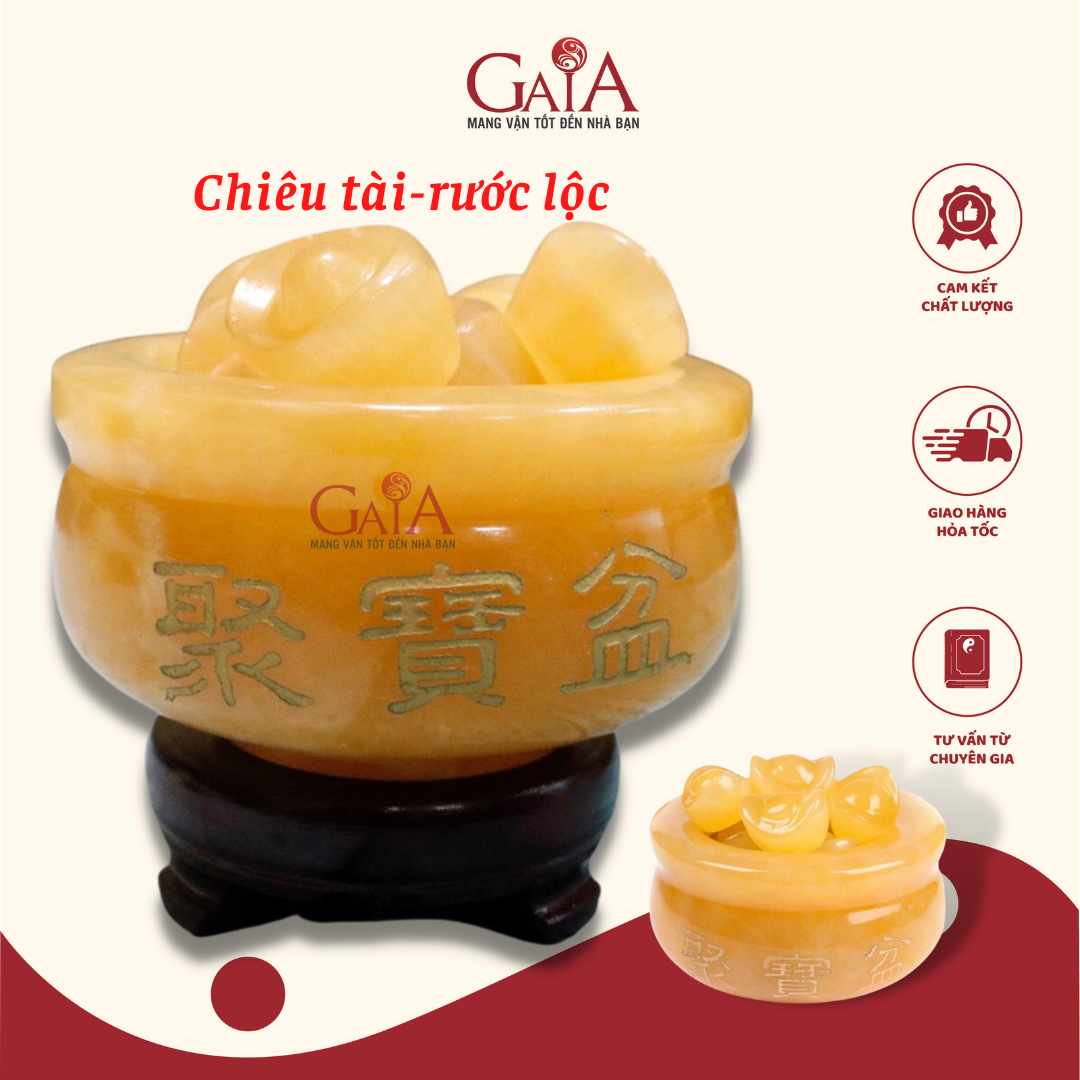 Bát tụ bảo - Bát tụ lộc phong thủy (tụ bảo bồn). Tặng kèm 10 thỏi vàng và đế gỗ. Hàng đẹp và uy tín