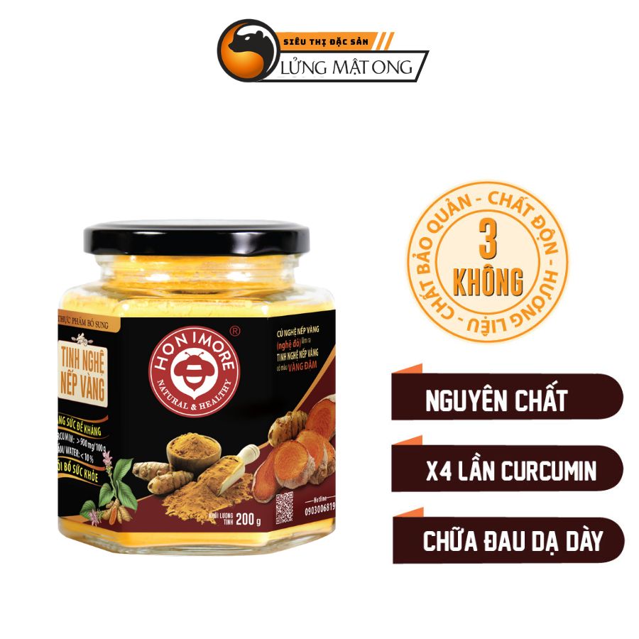 Tinh nghệ nếp vàng nguyên chất Honimore  hũ 200g - Có hàm lượng curcumin cao giúp hỗ trợ cải thiện đau dạ dày, chăm sóc da