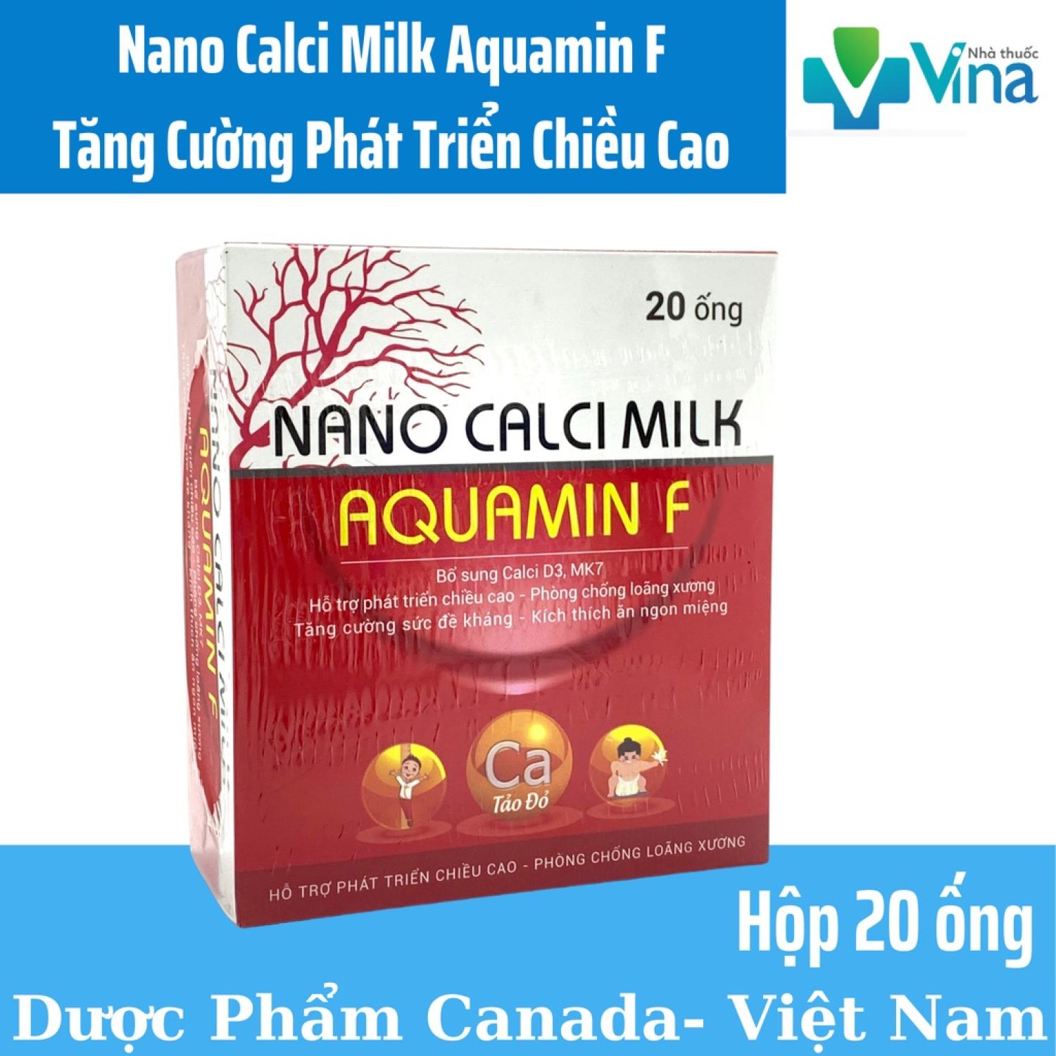 Nano Calci Milk Aquamin F - sữa non canxi từ tảo biển đỏ-vỉ 5 ống x 10ml, hộp 4 vỉ