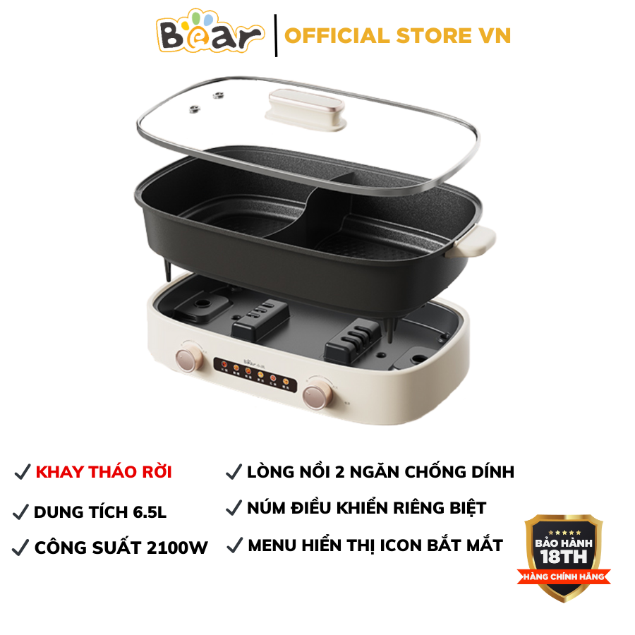 Nồi lẩu điện 2 ngăn 6.5l đa năng bear dhg-d65b1, cs 2100w, phủ chống dính, dành cho gia đình 3-7 người, bh 18 tháng