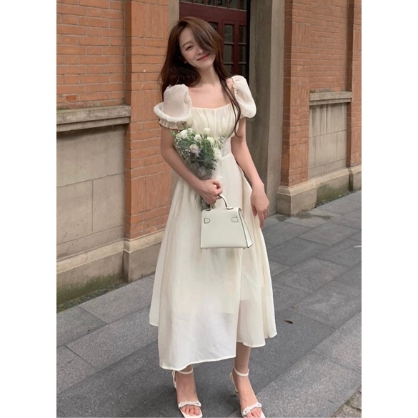 Đầm midi xếp ly nhún ngực tay bồng bo