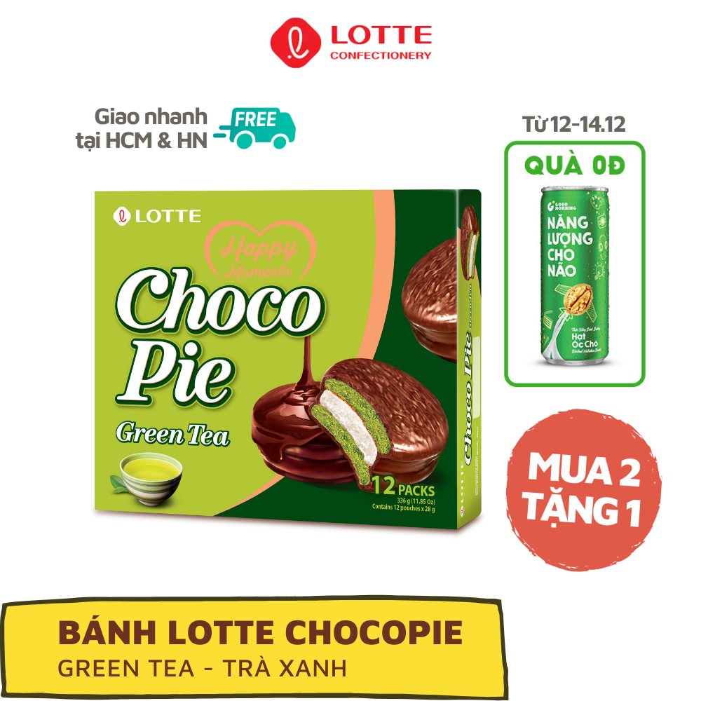 Bánh lotte chocopie vị trà xanh - hộp 336g x 12 gói