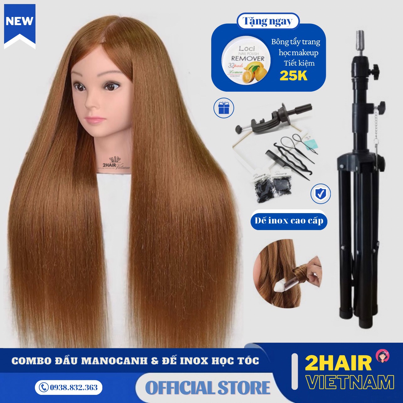 Đầu manocanh học trang điểm canh silicon chịu nhiệt 70% tóc thật ken cắt tóc vn-05