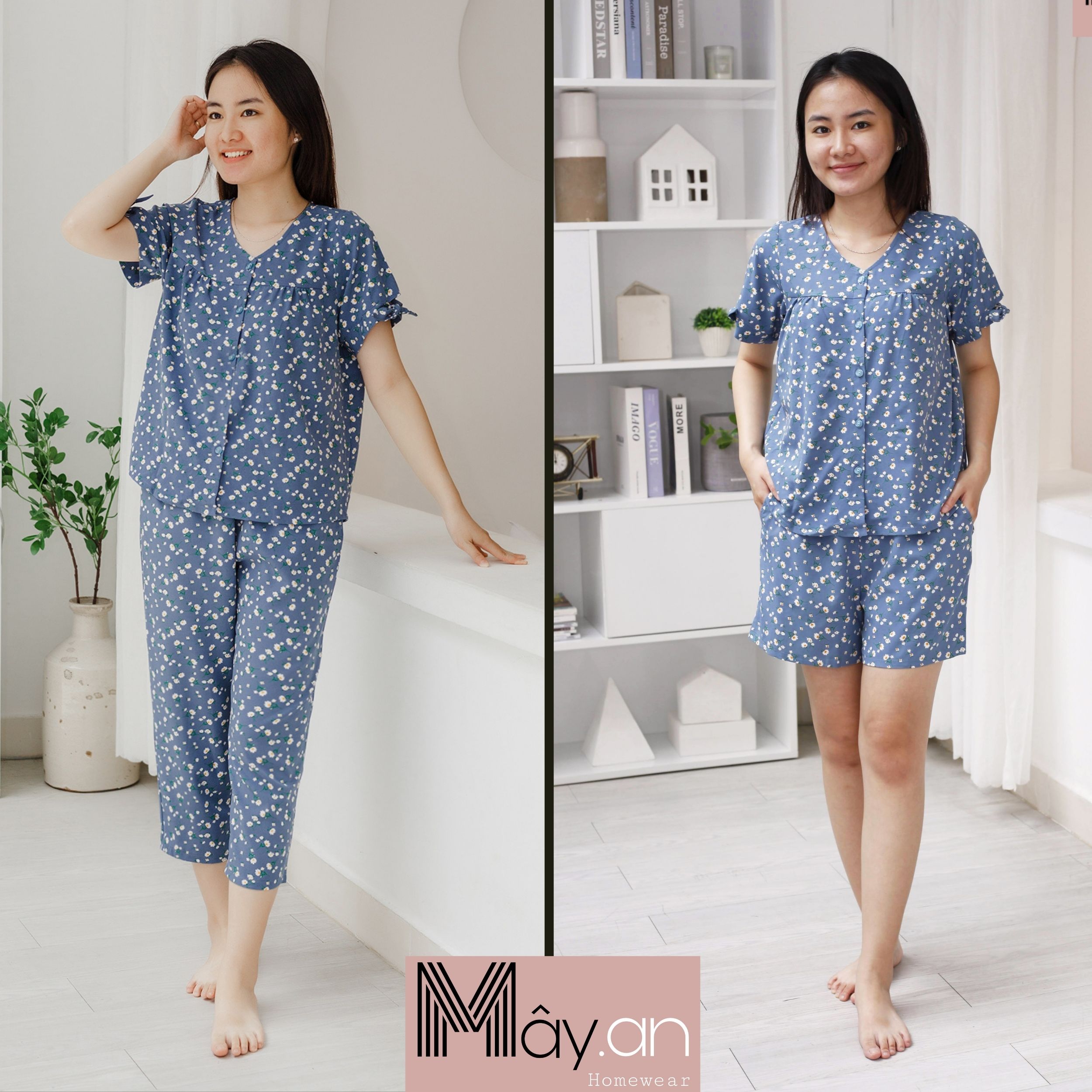 Đồ mặc nhà MÂY áo cổ tim tay cột nơ quần dài lụa mango họa tiết hoa nhí - Xanh