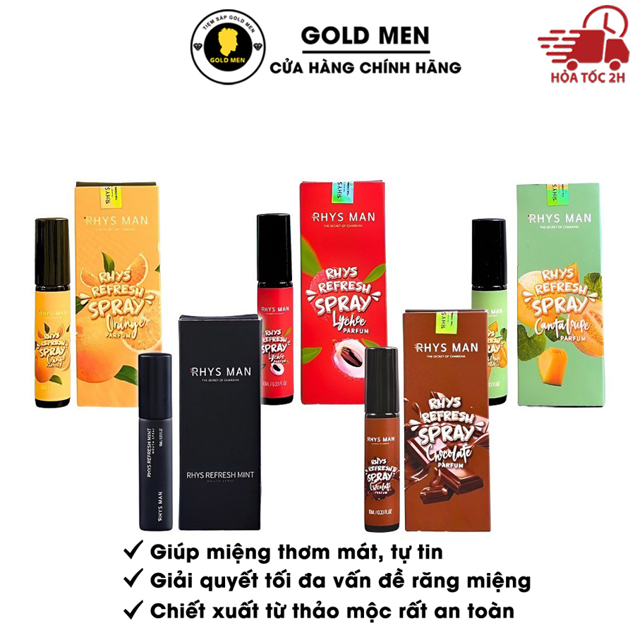 Xịt thơm miệng rhys refresh hương cà phê & hương bạc hà, chocolate, dưa lưới, vải, cam rhys man 10ml
