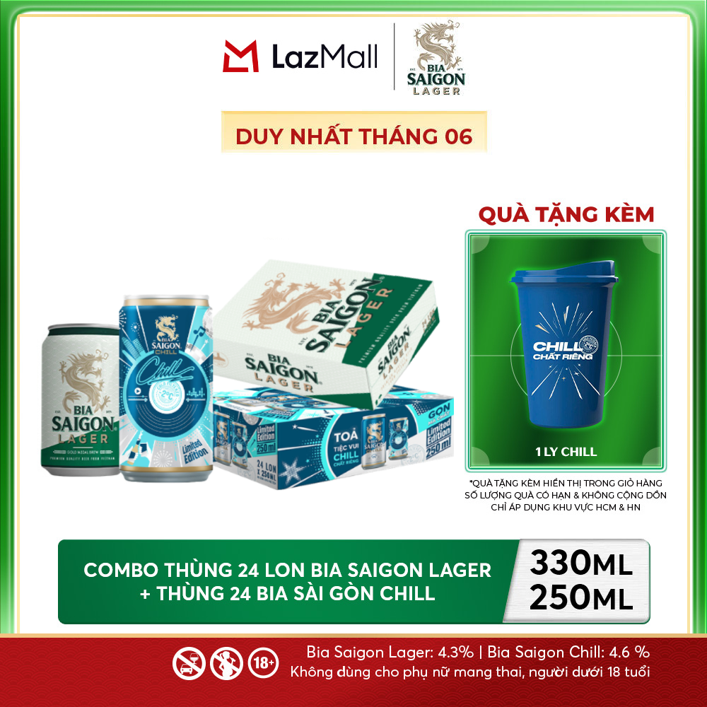 Nồng Độ Cồn 4.3% - Combo 1 Bia Saigon Lager 330ml + Nồng Độ Cồn 4.6% - 1 Bia Sài Gòn Chill 24 Lon 250ml
