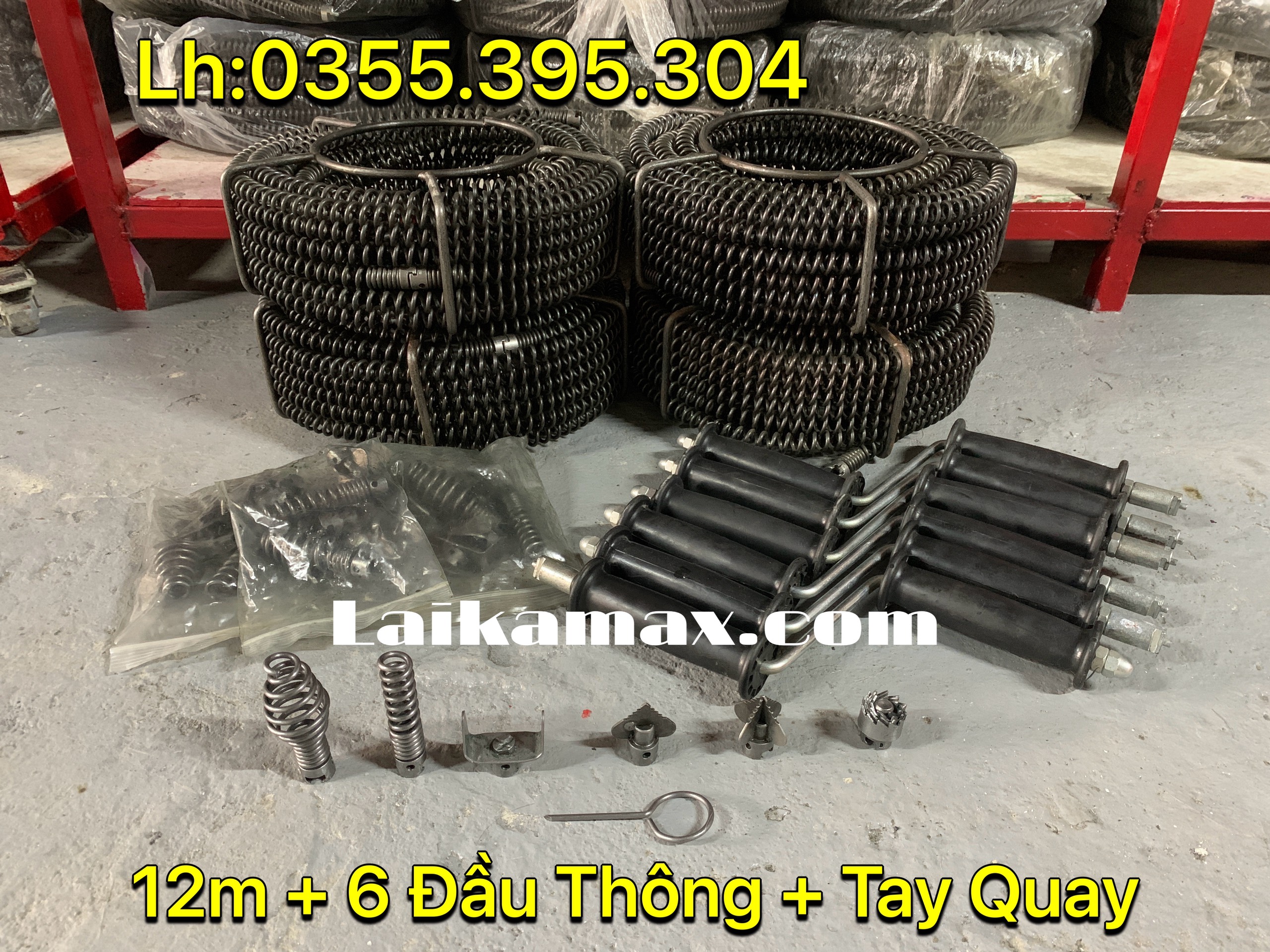 Dây thông tắc cống lò xo dùng tay quay dài 12m + 6 đầu thông + tay quay