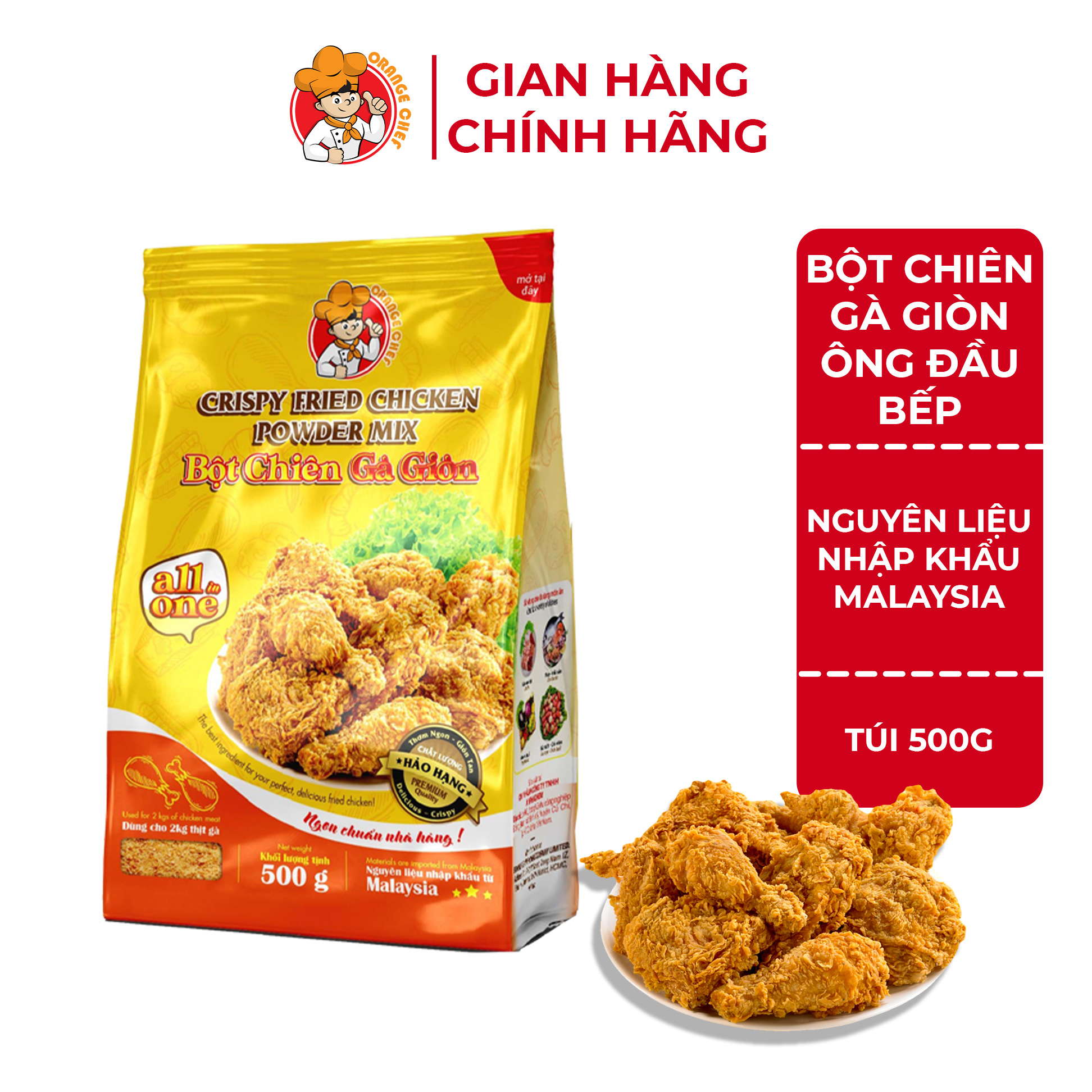 Bột chiên gà giòn Ông Đầu Bếp Orange Chef | Túi 500g - Nguyên liệu nhập khẩu Malaysia