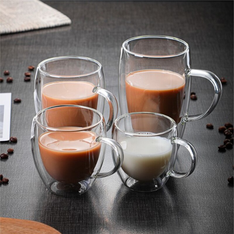 Ly cốc thủy tinh uống cafe, trà nóng, trà sữa, latte đá, đồ uống... chịu nhiệt chống nóng và lạnh, với 2 lớp dày dặn, có tay cầm, pha espresso, cappuccino hay latte, mọi đồ uống tốt