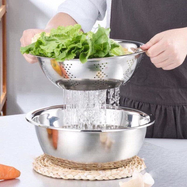 Bộ thau và rổ inox cao cấp 304 28cm , đường kính 28cm. rửa rau củ quả tiện lợi. dễ dàng vệ sinh, chắc chắn - bộ thau rổ 28cm inox cao cấp