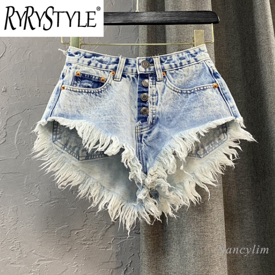 Quần short jean nữ quần ống rộng một hàng khuy cạp cao mùa hè quần short denim tua rua rách nữ ropa mujer