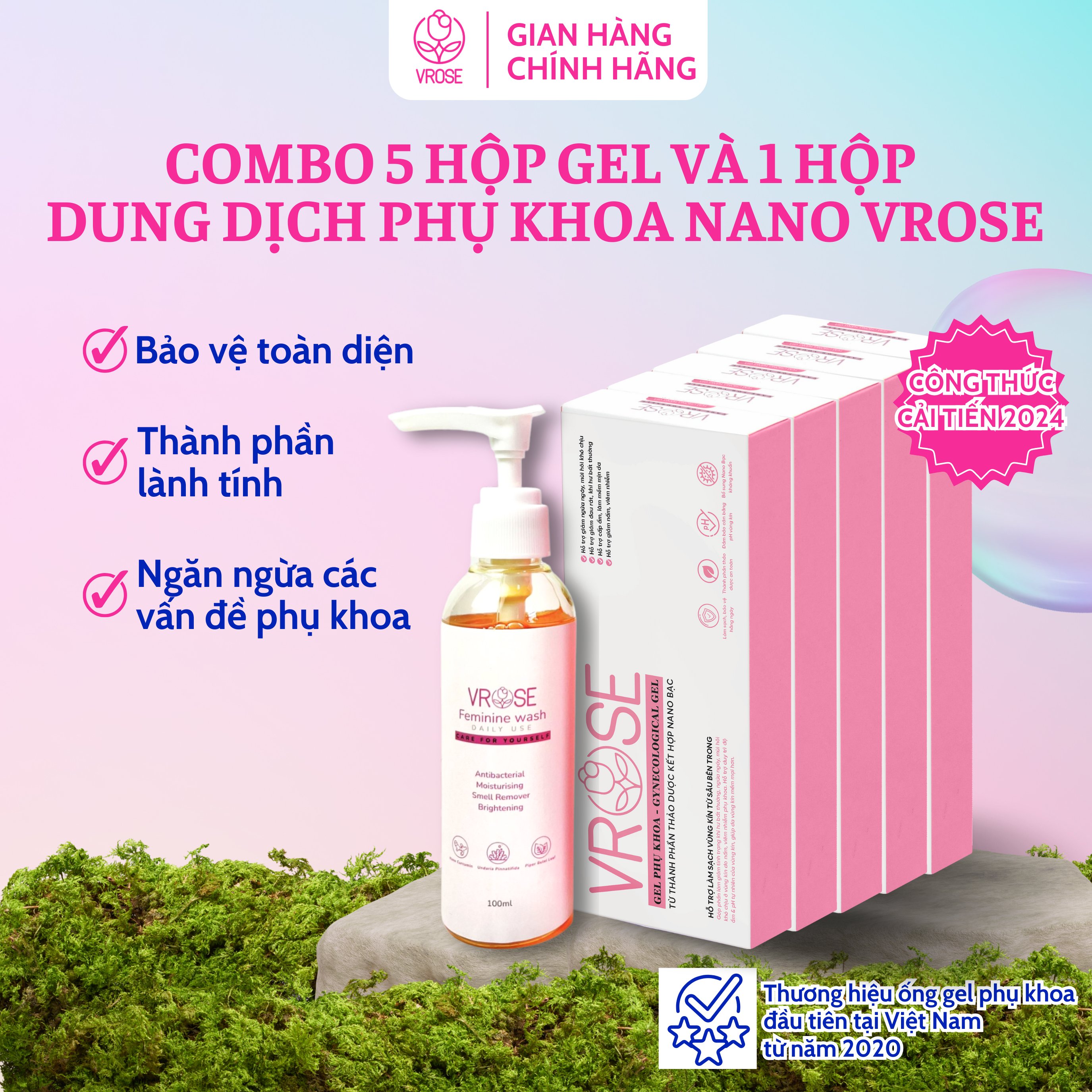 Combo 5 gel phụ khoa và dung dịch vệ sinh nano Vrose