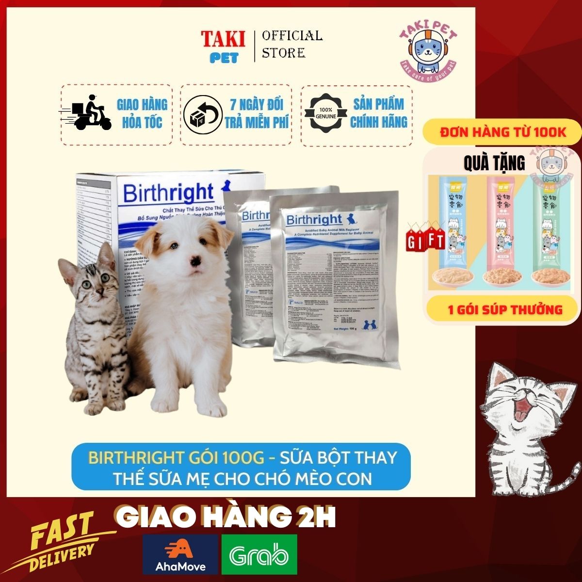 Birthright gói 100g - Sữa bột thay thế sữa mẹ cho chó mèo con