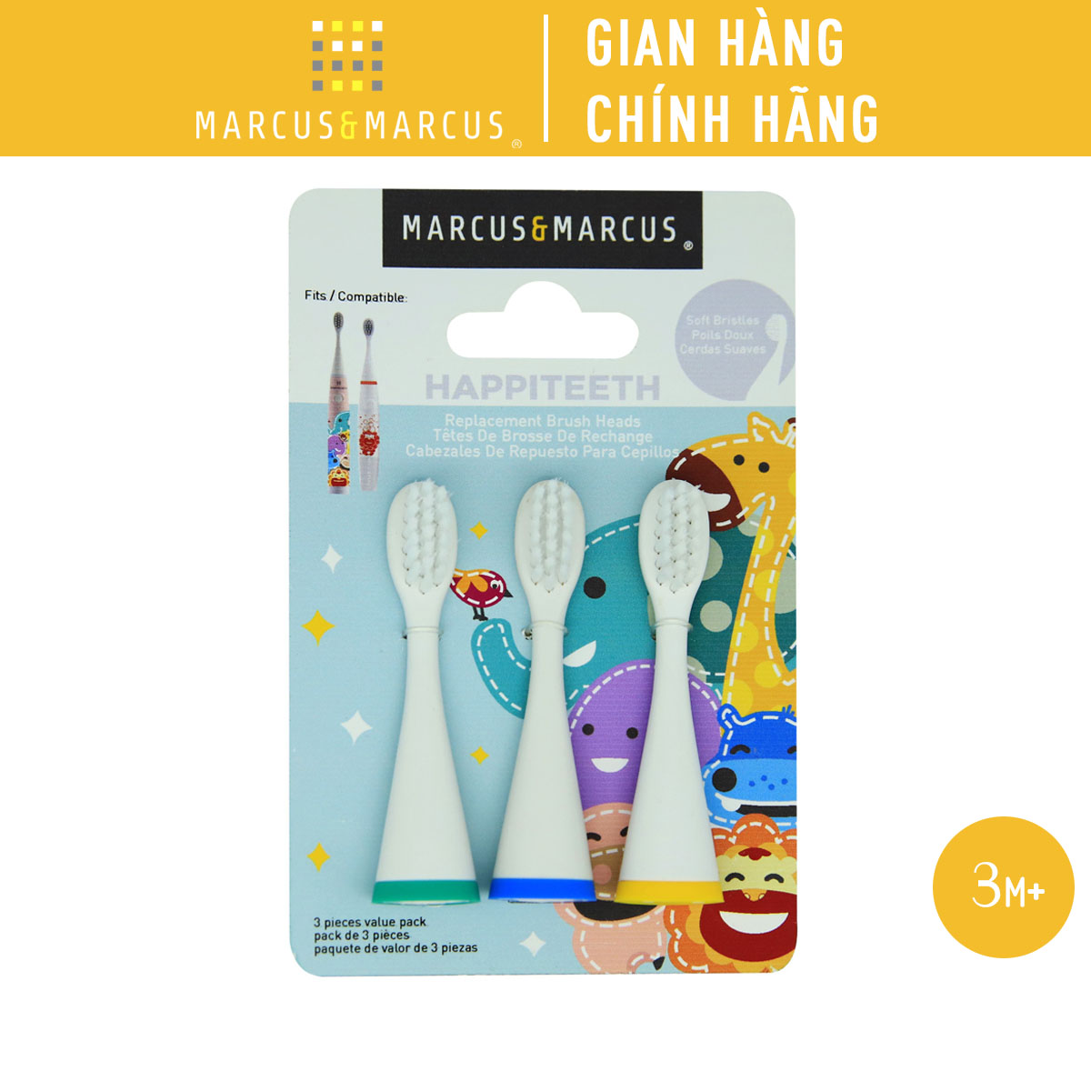 Bộ 3 đầu bàn chải thay thế marcus & marcus cho bé, từ 3 tuổi