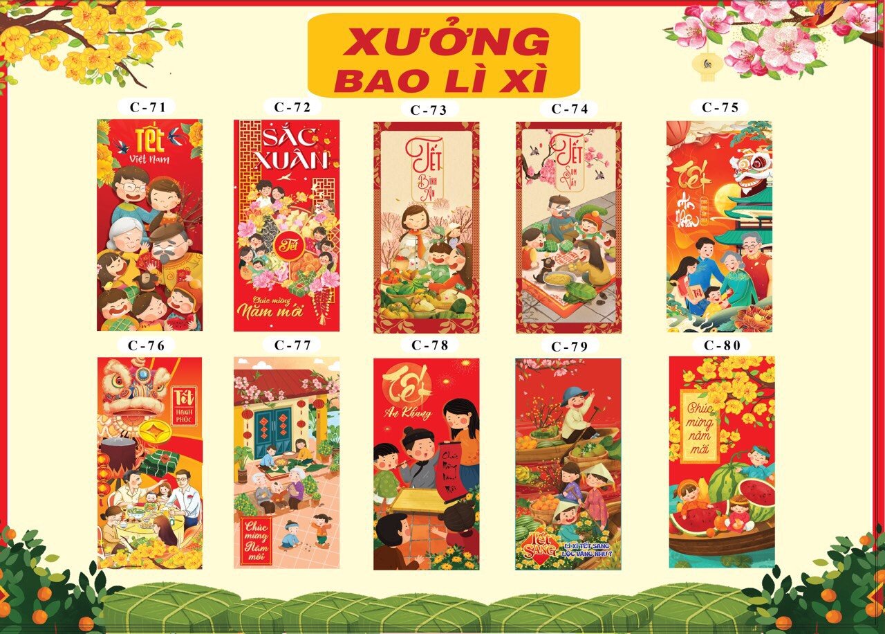 Combo 50 bao lì xì 2024 giấy C150 bóng nhiều mẫu, bao lì xì tết