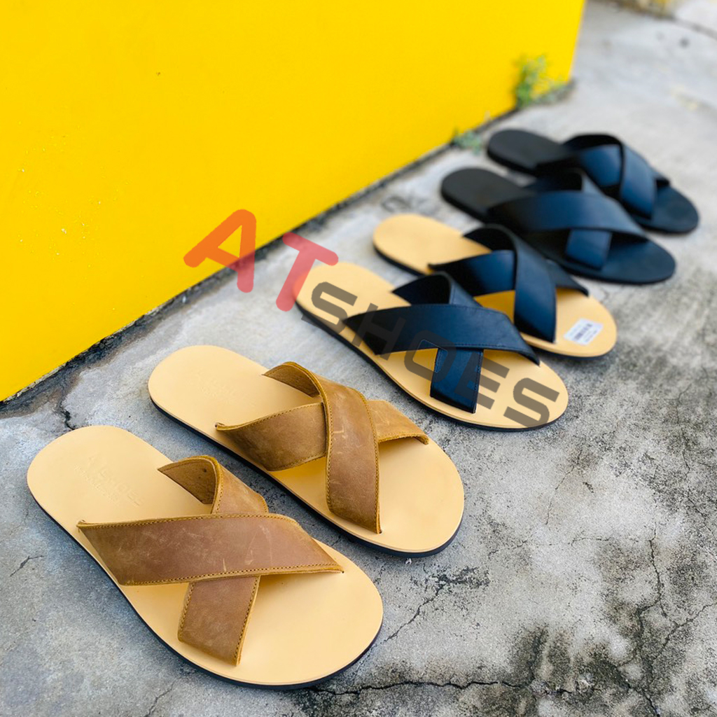 Dép Sandal Dép Quai Chéo Da Bò Thật Không Thấm Nước Phù Hợp Mọi Lứa Tuổi cheosg01 (Đen - Nâu)