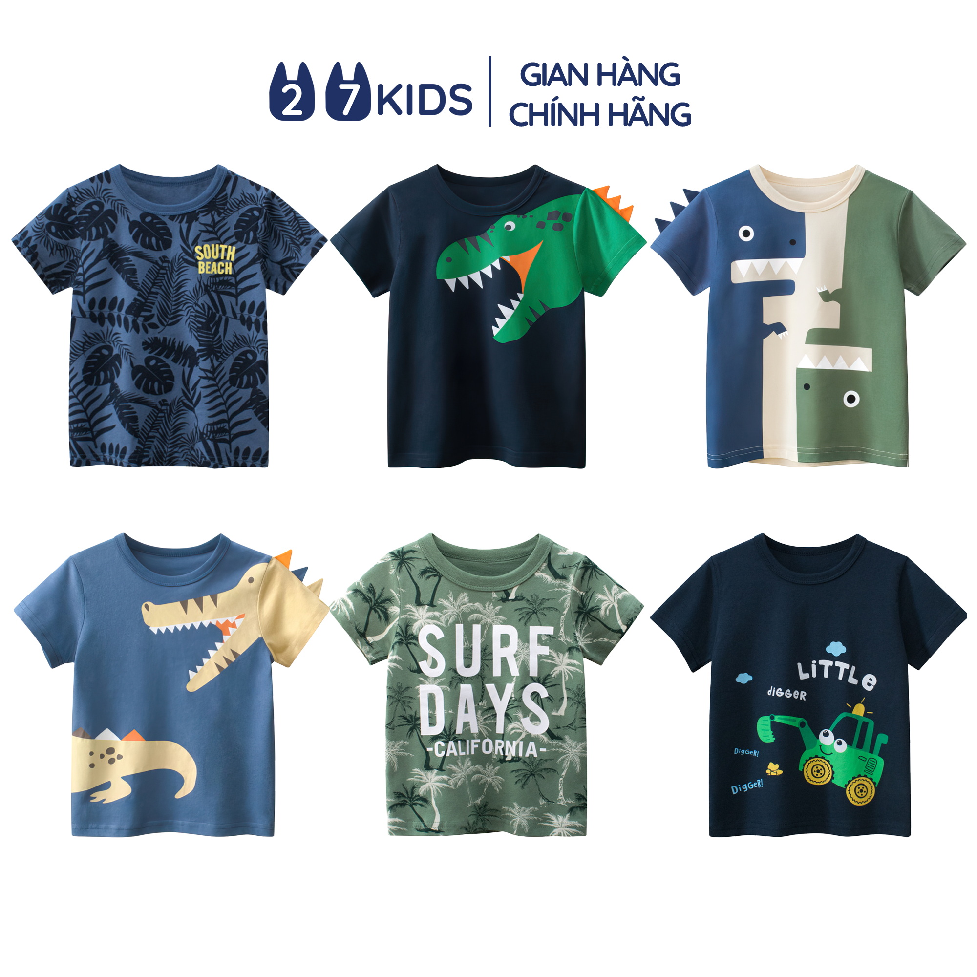 Áo thun bé trai ngắn tay 27Kids áo cộc nam 100% Cotton cho trẻ từ 2-10 tuổi BSTS8