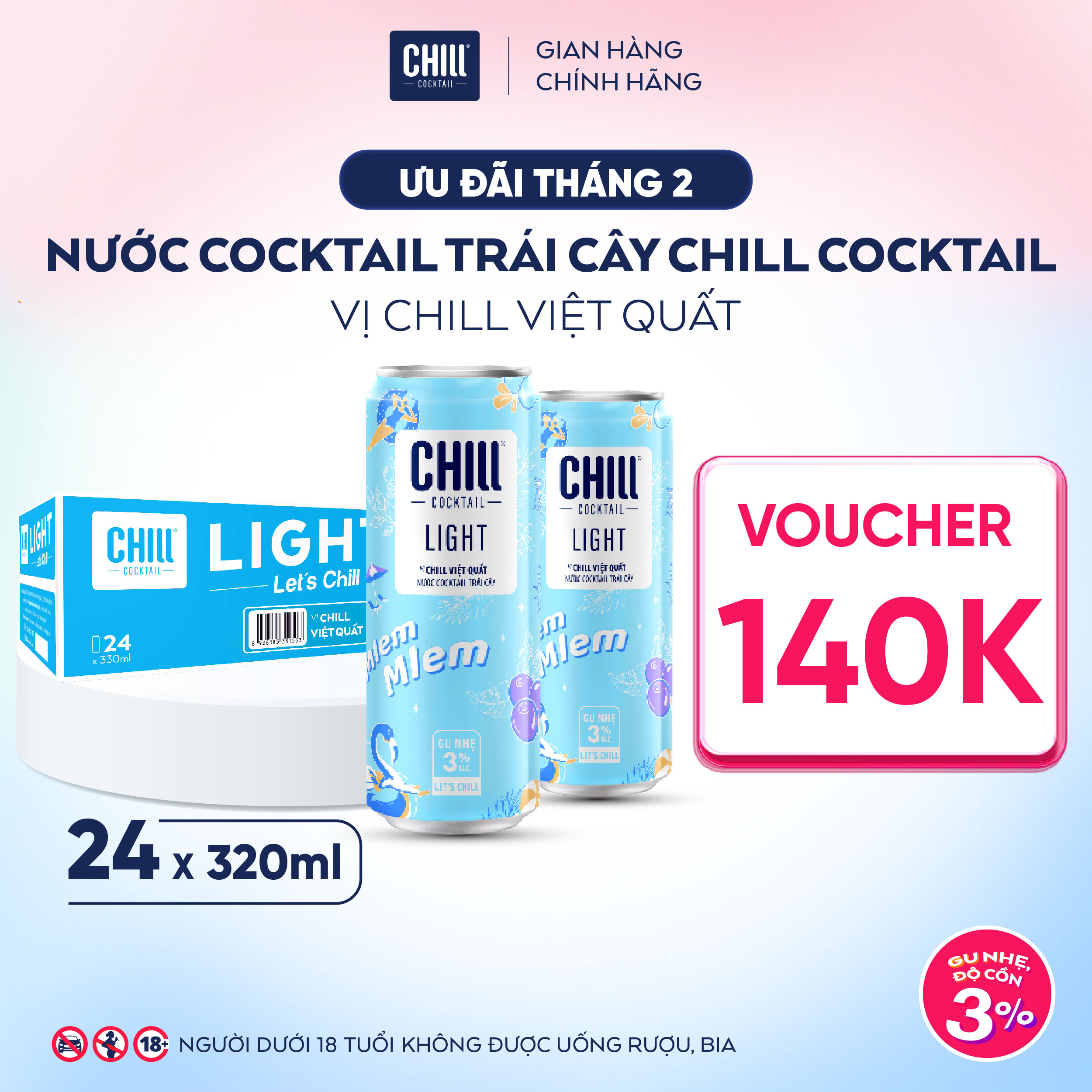Thùng 24 lon Chill Cocktail vị Việt Quất 330ml/lon (độ cồn 3%)