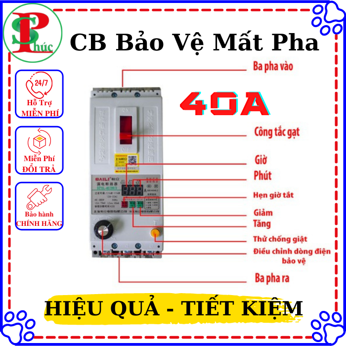 [HÀNG CHẤT] CB Bảo Vệ Pha BaiLi 40A, Lệch Mất Pha, Chống Giật, Hẹn Giờ, Điều Chỉnh Dòng Điện, Điều Chỉnh Công Suất