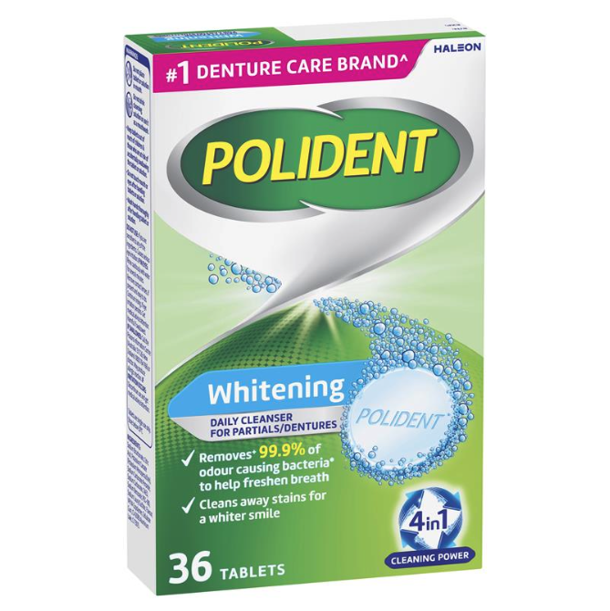 VIÊN SỦI NGÂM VỆ SINH RĂNG GIẢ / HÀM DUY TRÌ Polident Whitening Cleanser Tablets, 4 in 1 ƯU ĐIỂM