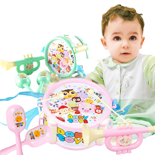Bộ nhạc cụ đồ chơi 6 món gồm trống/lục lạc/chuông/kèn /dùi trống cho bé