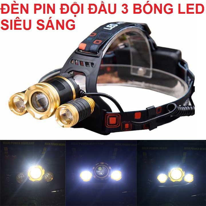 Đèn pin đội đầu 3 bóng siêu sáng - Đèn Pin Led Siêu Sáng Đội Đầu 3 Bóng (Đen) Nhiều Chế độ
