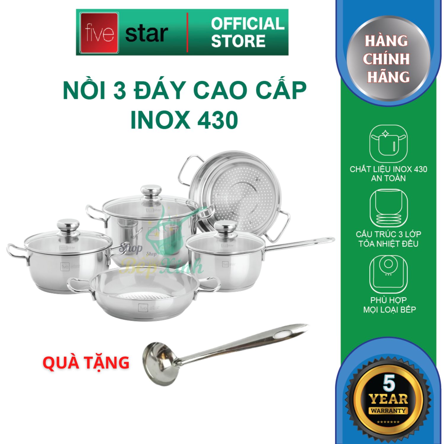 Bộ nồi inox 430 cao cấp Fivestar Standard nắp kính , 3 đáy dùng được mọi bếp , tặng 1 muỗng canh