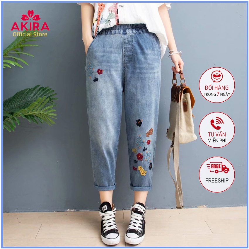 [CAO CẤP] Quần Jean Bò Nữ Baggy Lưng Thun Cạp Cao Ống Rộng Thêu Hoa Big Size Đep Kiểu Mới 2021 Akira Store QJ01 Cho Người Béo Mập Mẹ Sau Sinh