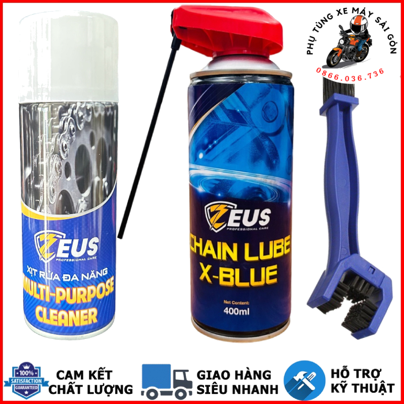 Xịt dưỡng sên mỡ bò xanh Zeus Chain Lube X-Blue 400ml và rửa sên Zeus [Mua Combo tặng bàn chải 3D]