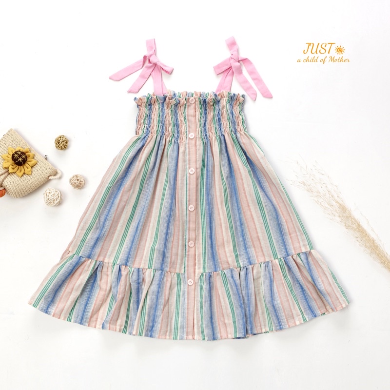 Váy cho bé gái, váy 2 Dây chun Smocking ngang ngực, buộc nơ vai xinh xắn