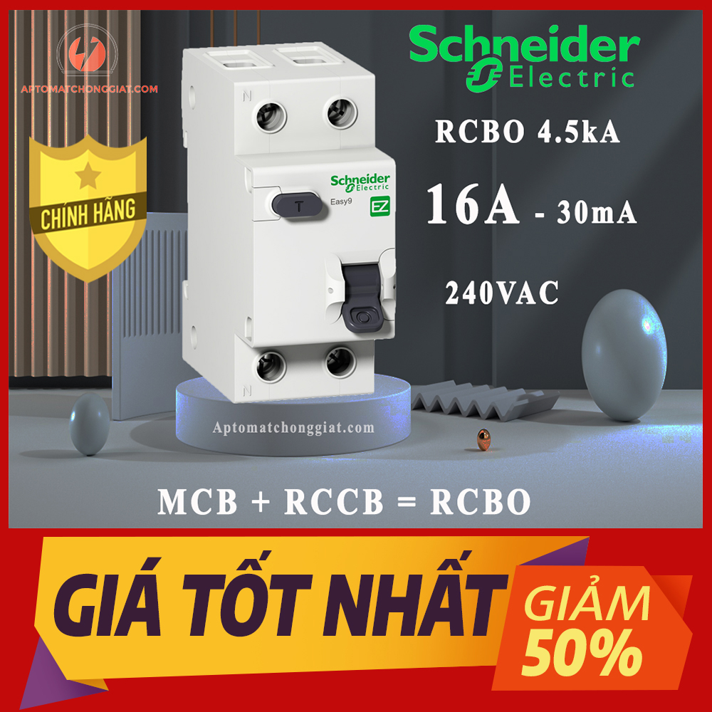 [HÀNG CHÍNH HÃNG] Cầu dao Chống Giật RCBO Schneider Easy9 2P 16A - 30mA loại đa năng - siêu nhạy - test giật trực tiếp - Hàng Tốt - Aptomat chống giật  EZ9D34616  - Chính Hãng Schnieder 100%