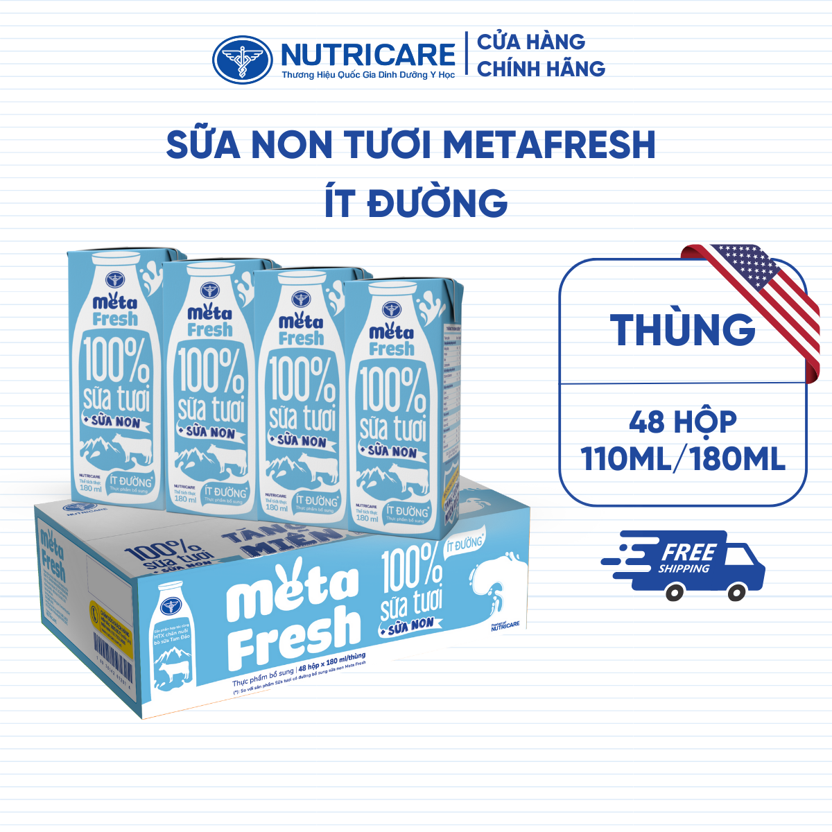 Thùng 48 Hộp Sữa Tươi NUTRICARE Meta Fresh Ít Đường Sữa Tươi Tiệt Trùng Bổ Sung Sữa Non Không Sử Dụng Chất Bảo Quản