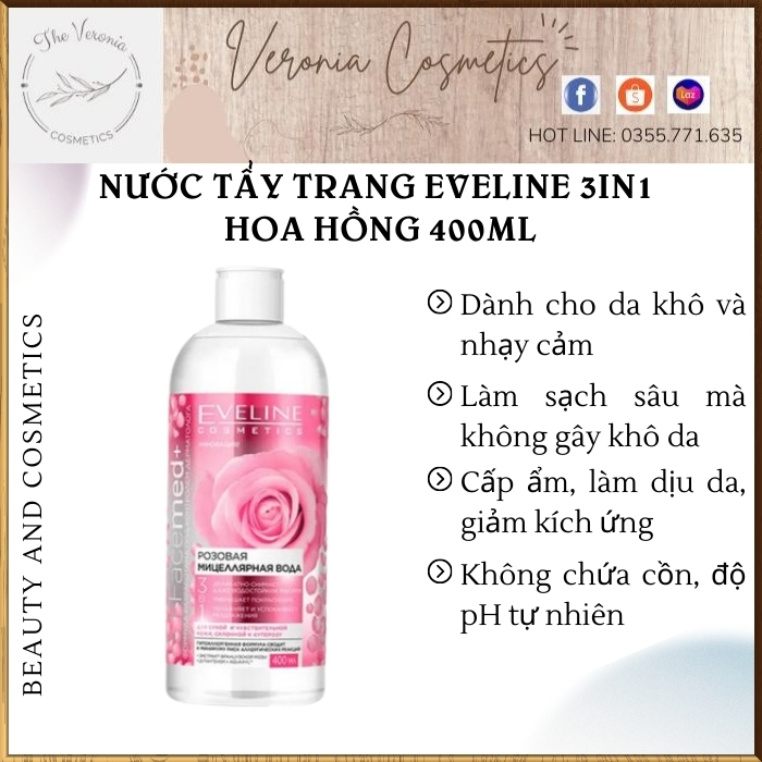 Nước tẩy trang Eveline Facemed+ Micellar 3in1 hoa hồng 400ml dành cho da khô, nhạy cảm