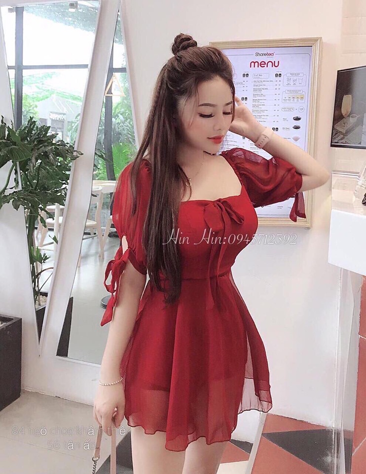 Đầm xòa voan cổ vuông dễ thương