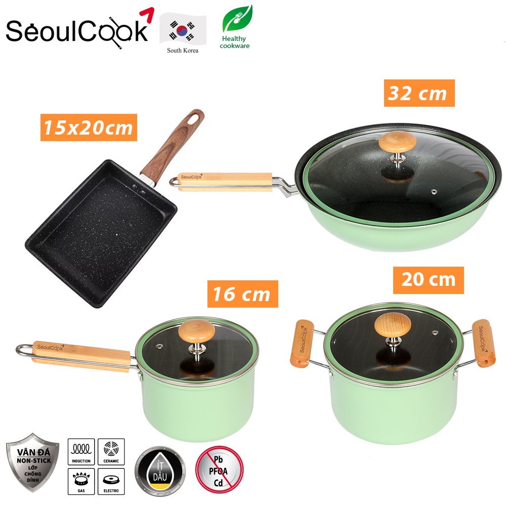 [Hoàn tiền 20%] Seoulcook SL1 Bộ nồi chảo 4 món cao cấp, quánh 16cm + nồi 20cm + chảo sâu lòng 32cm + chảo vuông 15x20cm  Hàn Quốc