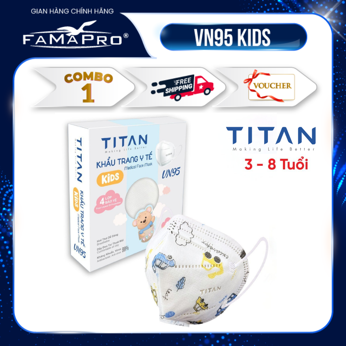 1 hộp (10 chiếc) Khẩu Trang trẻ em N95 HM95 kháng khuẩn ,chống bụi mịn Pm2.5 CHÍNH HÃNG