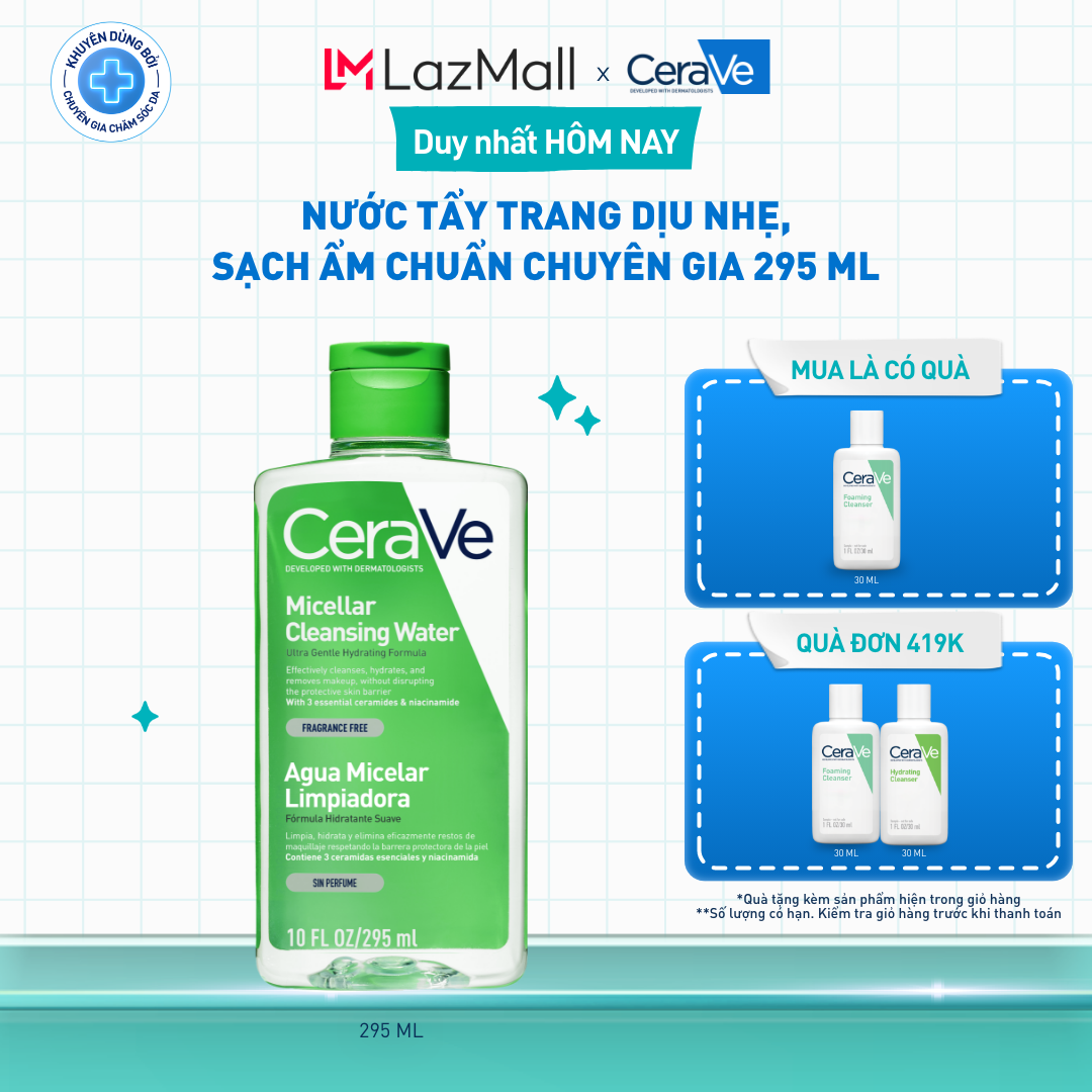 [ĐỘC QUYỀN ONLINE] Nước tẩy trang dịu nhẹ, sạch ẩm chuẩn chuyên gia CeraVe Micellar Cleansing Water 295ml