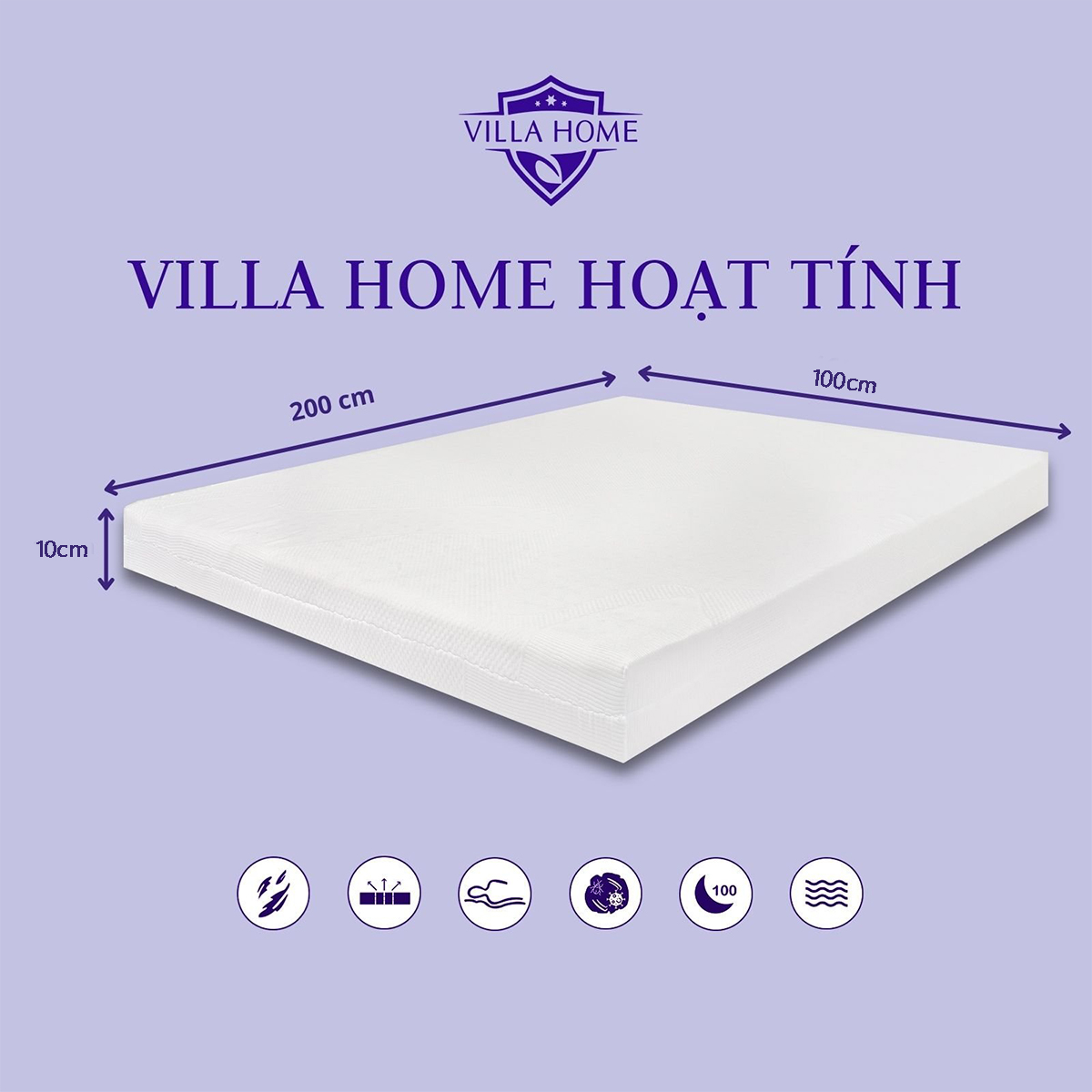 Nệm Cao Su Non Hoạt Tính 10 x 100 x 200cm VILLA HOME NANO Tránh Ám Bụi, Ẩm Mốc, Bảo Hành 15 Năm